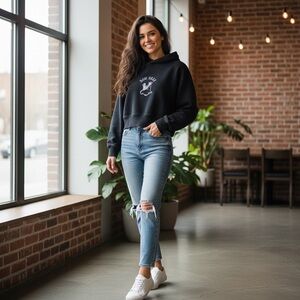 RAWGEAR Women's Cropped Wolf  Hoodie Patch and Embroidered Logo Black Size Large